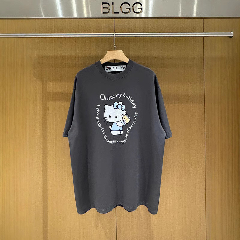 6NCG Jisoo's style Kitty Cat print short-sleeve co-branded loose-fitting couple's shirt T Unisex sho