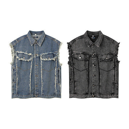 EK8R American-style distressed denim vest with cat-ear detailing and raw edges, vintage-style workwe