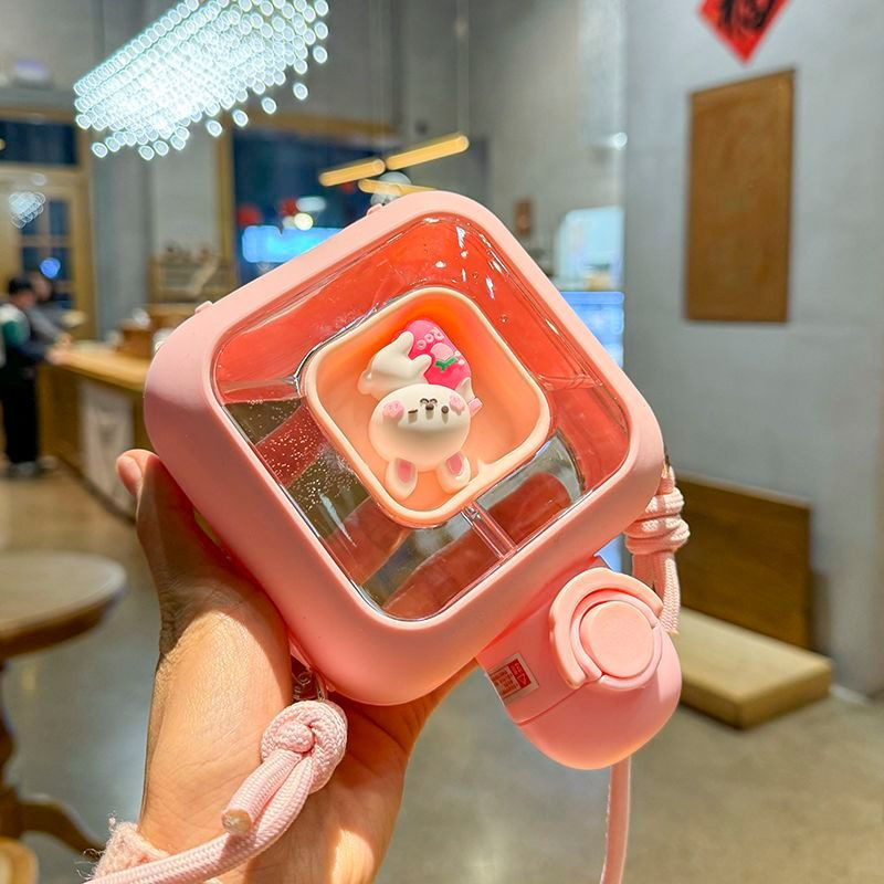 TQ~Cute new water cup with sugar cube straw, high aesthetic water bottle, square shape, portable sum