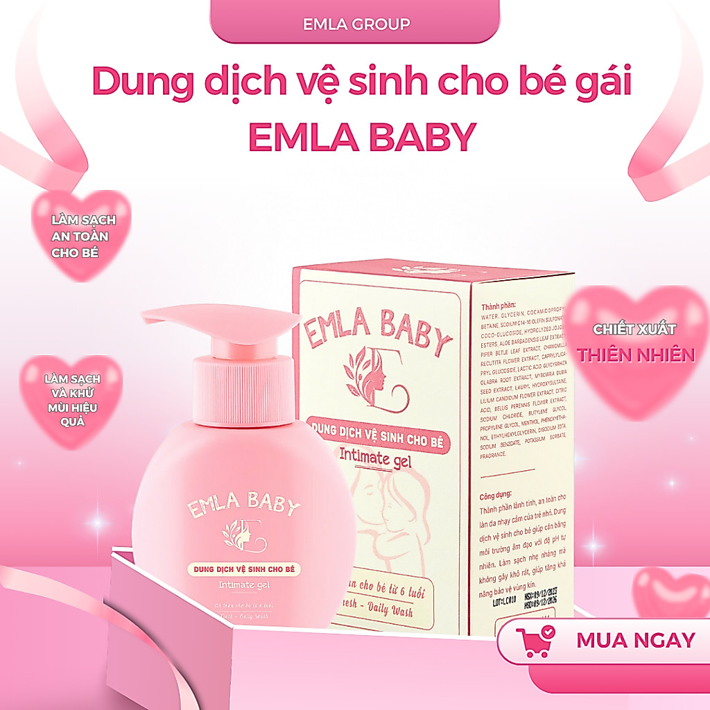 Dung dịch vệ sinh cho bé gái EMLA BABY, dung dịch vệ sinh bé gái 120ml tạo bọt, lưu hương 24h