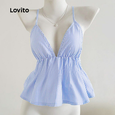 (Kỳ nghỉ) Lovito Áo thun buông lỏng phối plis bóng mượt cảm giác tay mịn mùa xuân/hè màu xanh L139AD351