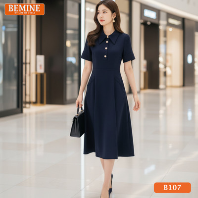 Đầm thiết kế BEMINE cổ đức đính khuy dáng chữ A phù hợp đi làm-B107