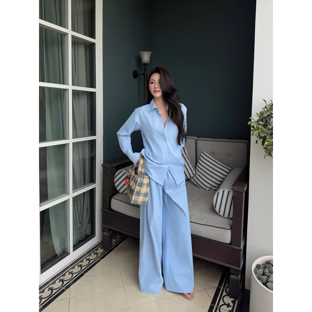 Set áo sơ mi tay dài và quần dài rút eo trơn CEE STUDIO