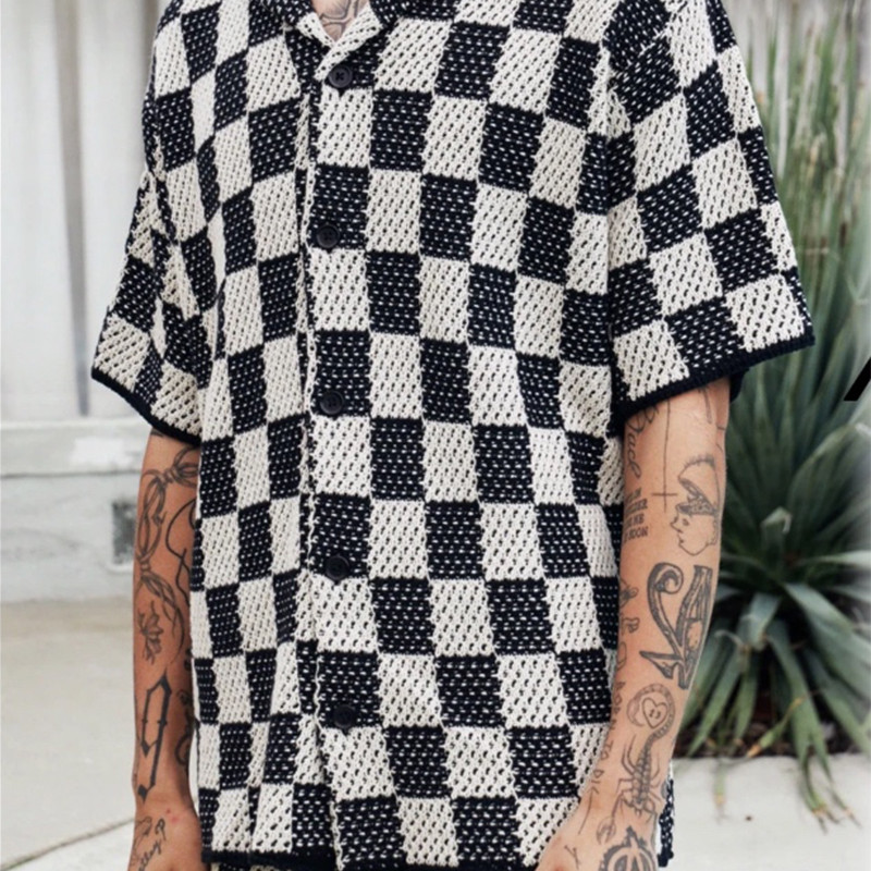 INLC ASKYURSELF ASK Hollow-out patchwork jacquard shirt, casual knitted short-sleeve jacket, trendy 