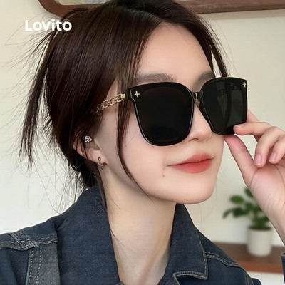 Lovito Phong cách thường ngày Kính râm nữ kim loại trơn phong cách mã LNA32221 (Đen)