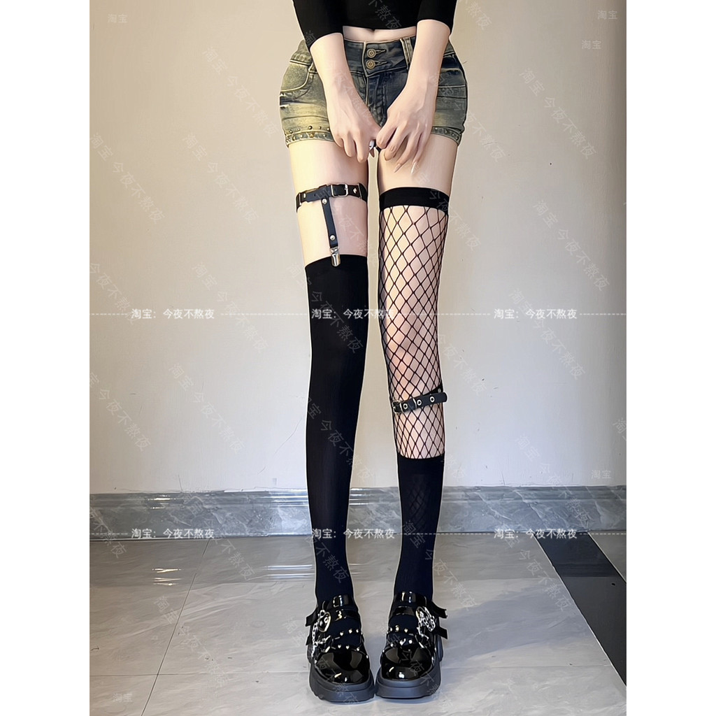 Tối nay Không Ở Lại Đêm Đen Vớ Nữ y2k Over-the-Knee Fishnet Vớ Độc Đáo Punk Chân Nhẫn jk Over-