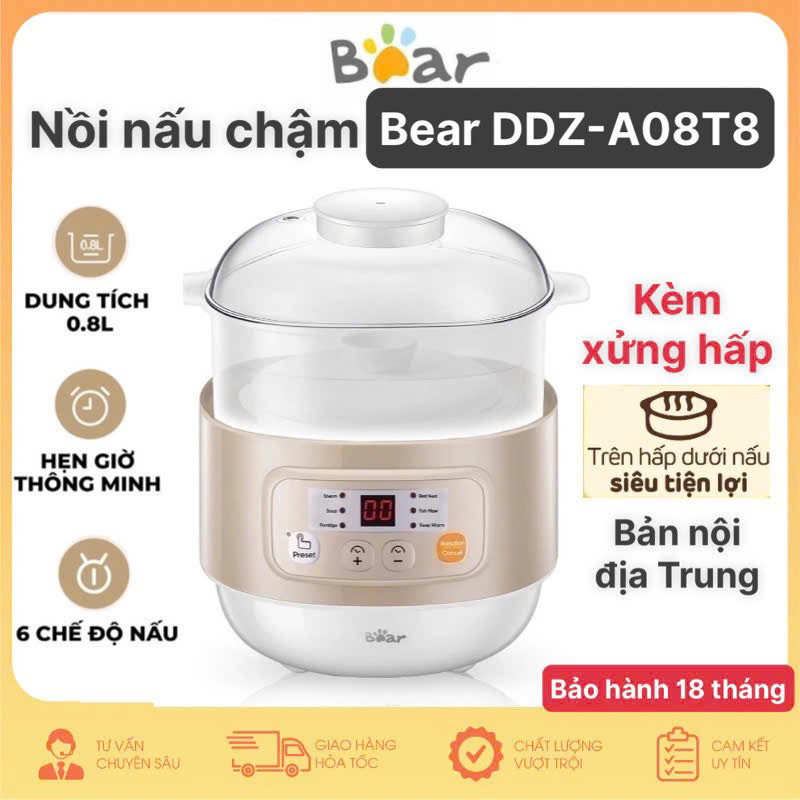 Nồi nấu chậm 0,8L Bear DDZ-A08T8 kèm xửng hấp nấu đa dạng 6 món BH 18 tháng hàng cao cấp