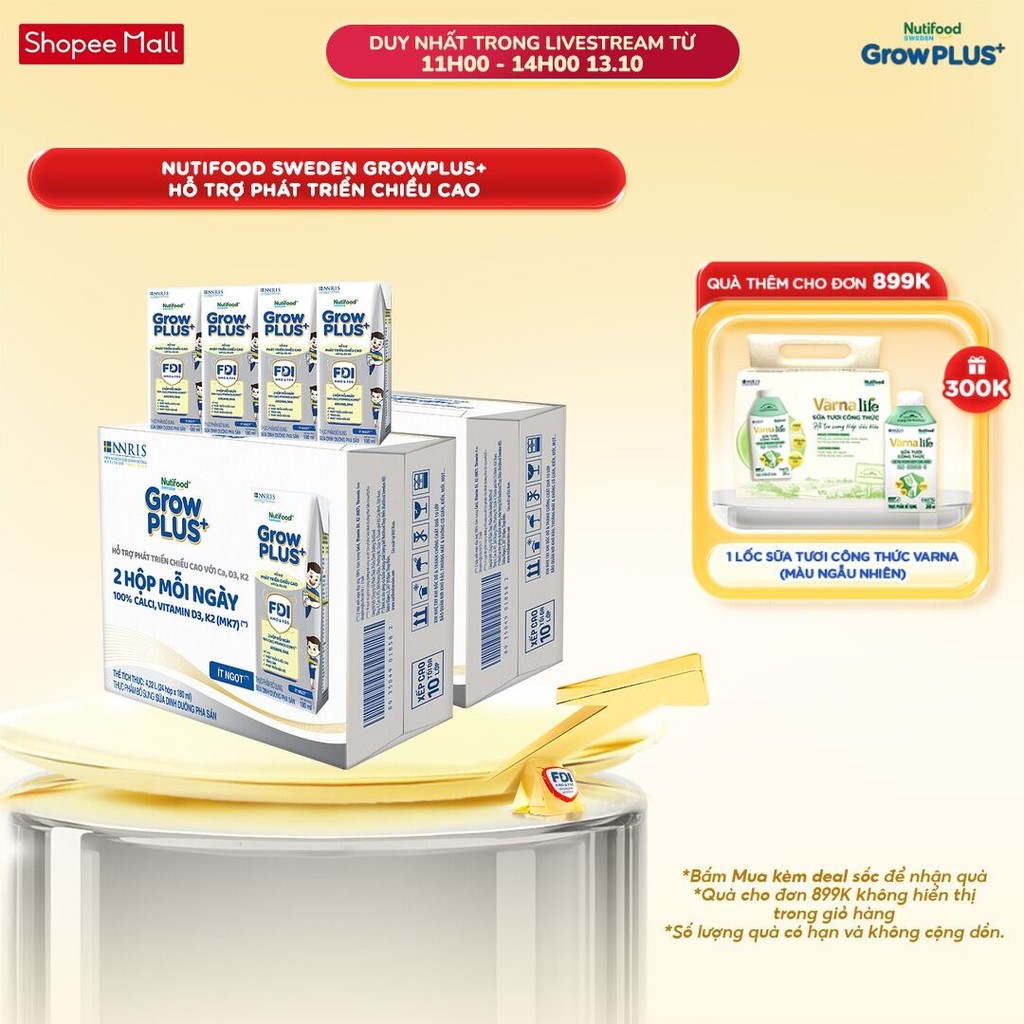 Combo 2 Thùng 24 Hộp Sữa Bột Pha Sẵn Nutifood Sweden GrowPLUS+ Cao lớn vượt trội hộp 180 ml