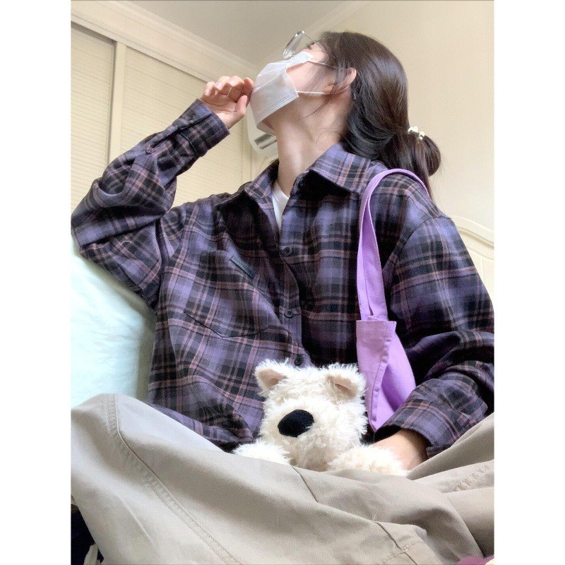 Purple plaid shirt jacket for women, spring and autumn2025New early autumn shirt with a high-end fee