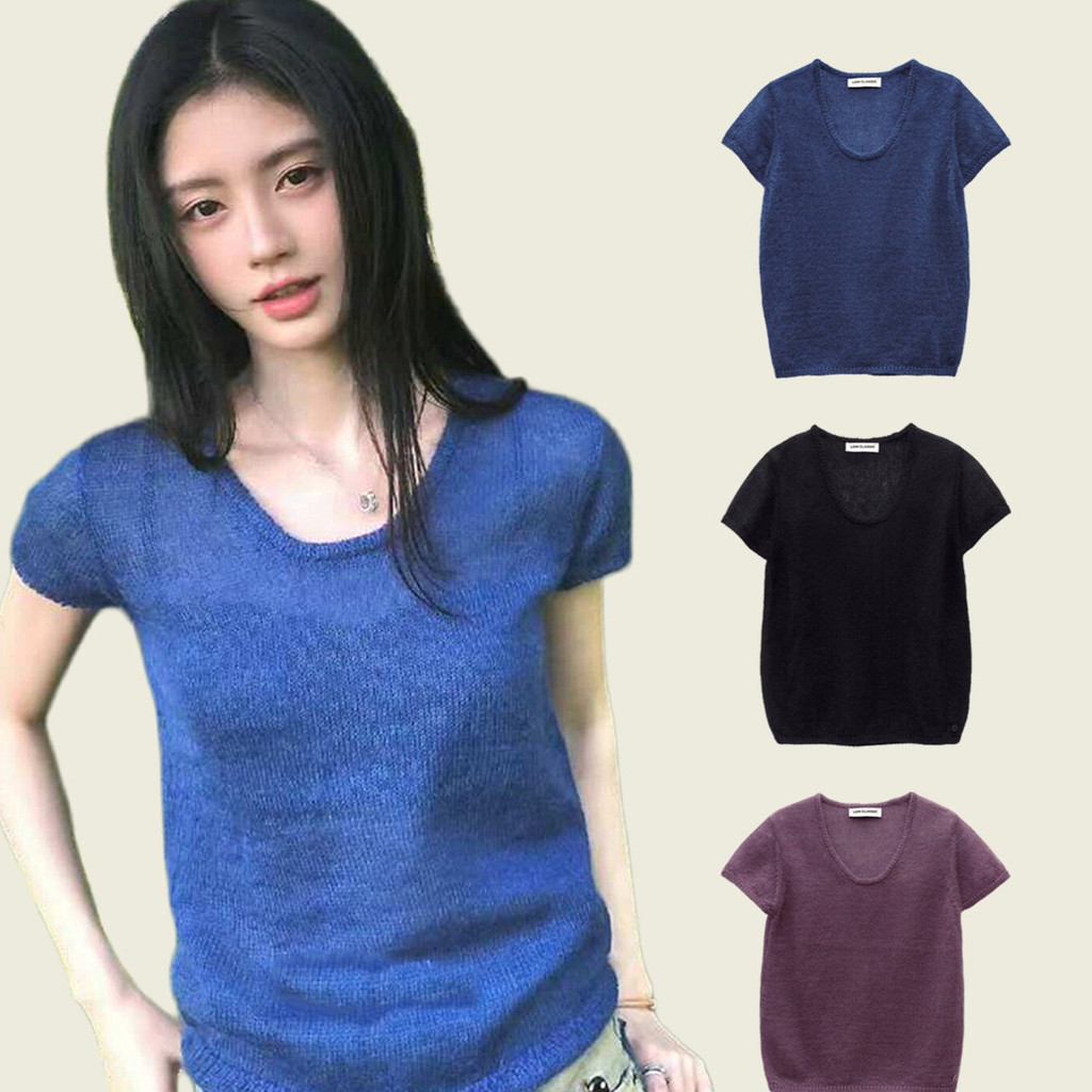 I5HM South Korea Low classic Jiu Jingyi's same style semi-transparent knitted short-sleeve shirt t N