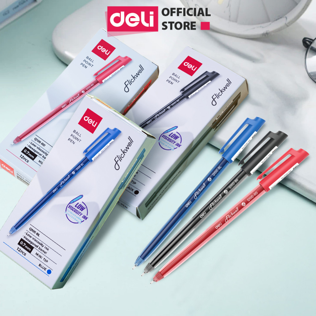 (EQ100 Hộp 12 cây) Bút Bi Nến Mực Xanh/Đen/Đỏ Ngòi 0.7mm Deli Bút Nến Nét Đều Mực Đậm Không Vón Cục