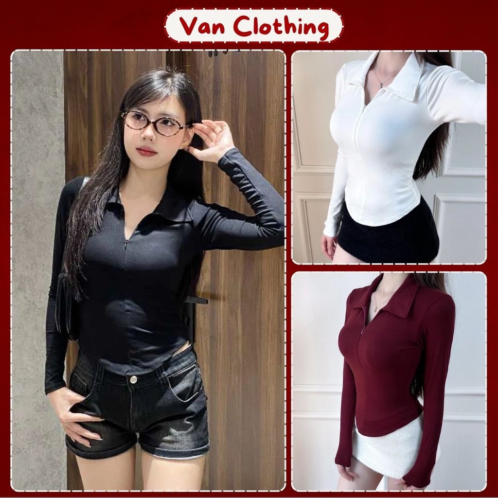 Áo Thun Có Cổ Tay Dài Phối Dây Kéo Vạt Bầu, Áo Thun Nữ Ôm Body Vải Cotton Ôm Body - Van Clothing