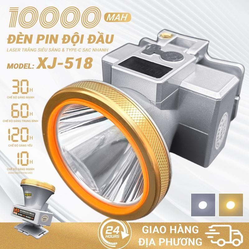 Đèn Pin Đội Đầu Siêu Sáng XJ 518, XJ503 Pin 10000mAh  Chống Thấm Nước, 4 chế độ chiếu sáng