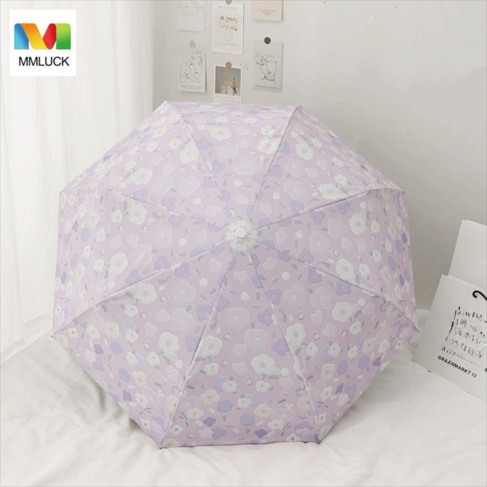 MMLUCK Ô chống nắng mini vinyl MMLUCK màu tím hoạ tiết hoa, gấp gọn dễ dàng