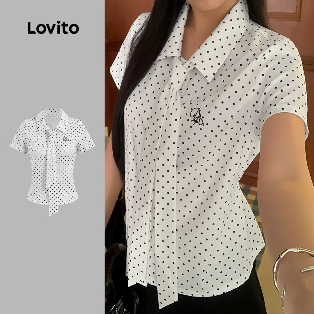Lovito Áo sơ mi thoải mái có nơ cho mùa xuân/hè áo sơ mi trắng dành cho phụ nữ L156AD105