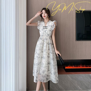 {Yumi-Oder}Váy Liền Khí Chất Dáng Dài Vừa Tay Cánh Tay Bay Nhỏ Có Khóa Cảm Giác Thiết Kế Kiểu Trung Quốc In Mực Cổ Điển