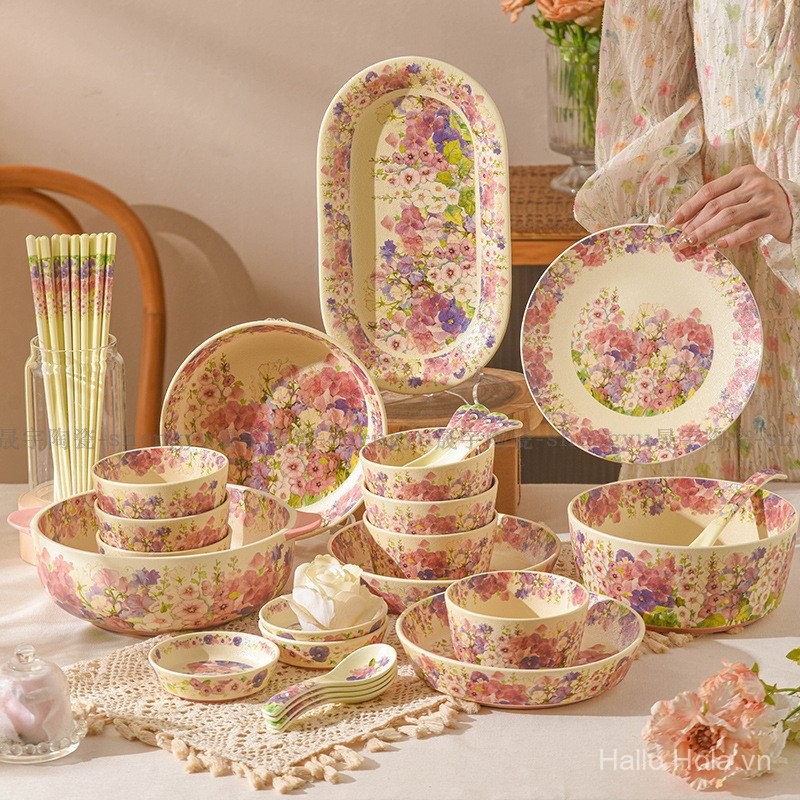 Fanhua Sijin Bộ Đồ Ăn Gốm Bộ Đĩa Hộ Gia Đình Đĩa Đũa Thìa Đĩa Canh Men Màu Gốm Bộ Đồ Ăn