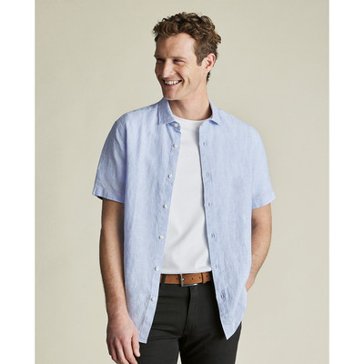 CHARLES TYRWHITT - Áo sơ mi nam cổ bẻ tay ngắn Pure Linen_CSH0006-SKY