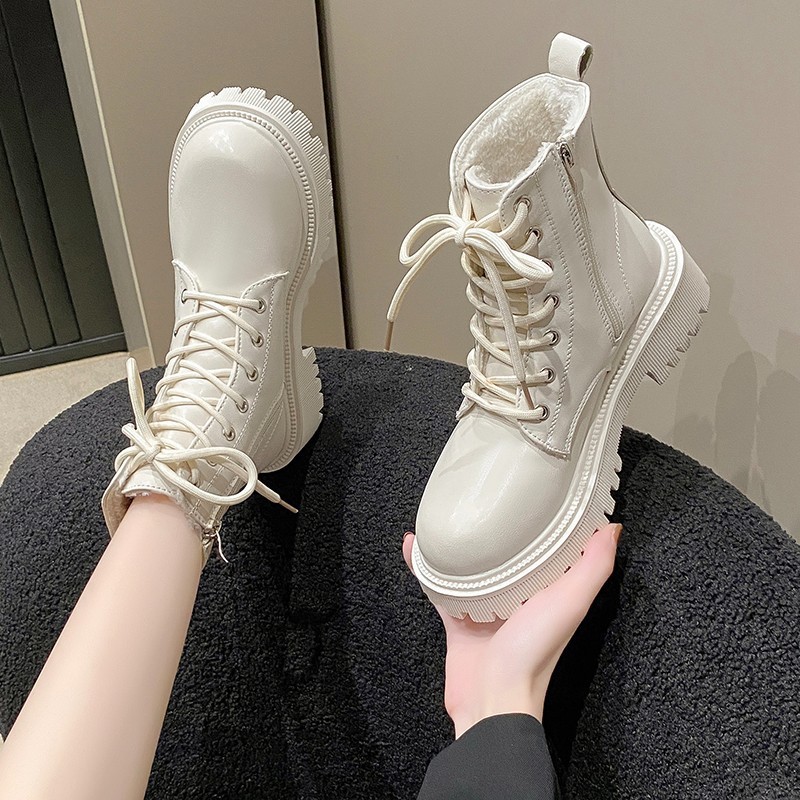 D1010 Cổ Điển Lông Cừu-Fleece Ấm Áp Chống Trơn Trượt Tất Cả Trận Đấu Giày Bốt Martin Nữ Thu Đông Pho