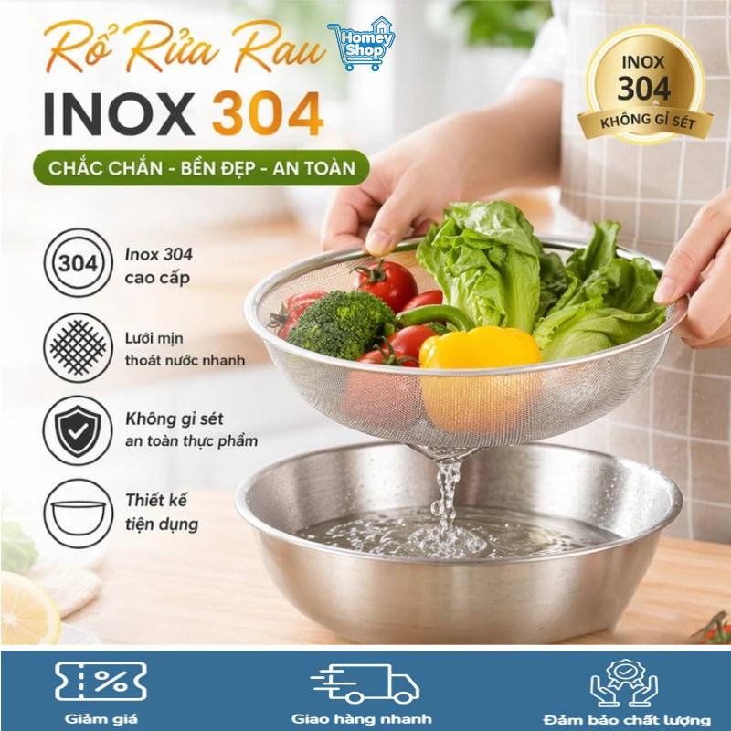 Rổ lọc rau inox 304, kèm chậu, vo gạo, rửa trái cây, ráo nước, hai lớp, chống trượt, size 19 22 27-H