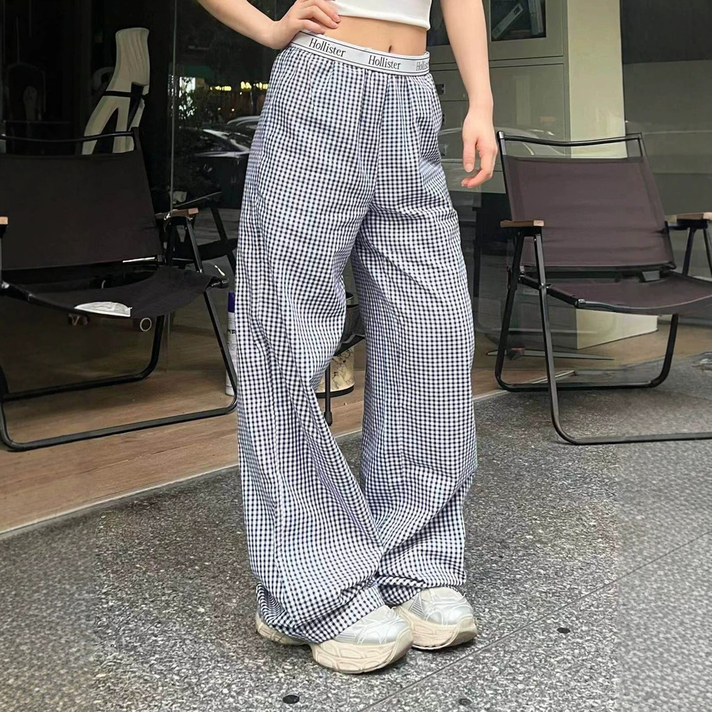 GCIP HCO Little Seagull Checkered Letter Cuffed Ribbon Casual Trousers Blue and White Fine Checkered