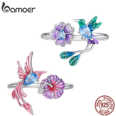 Bamoer Bạc 925 Mở Nhẫn Có Thể Điều Chỉnh Kích Thước Hồng Tím Chim & Hoa Trang Sức Thời Trang Cho Nữ Quà Tặng