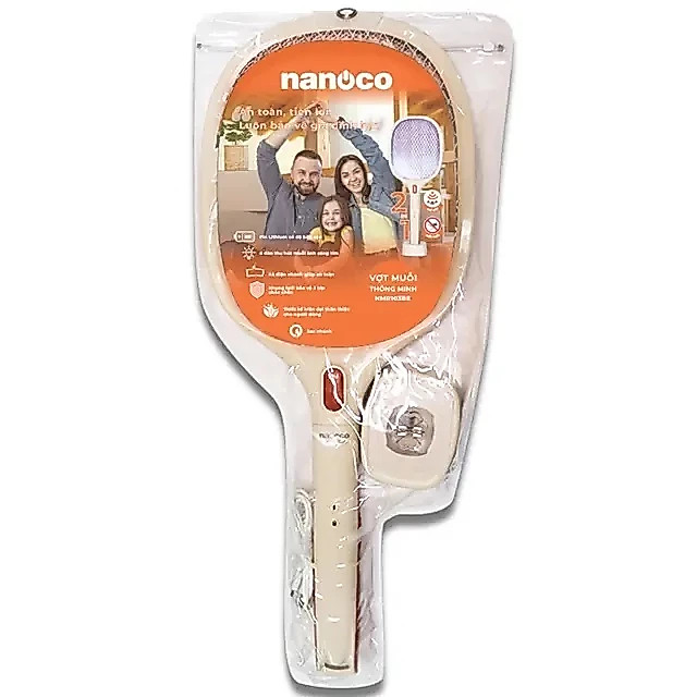 Vợt bắt muỗi Nanoco NMR103BE - Màu kem, pin lithium-ion 18650h, lưới bảo vệ 3 lớp