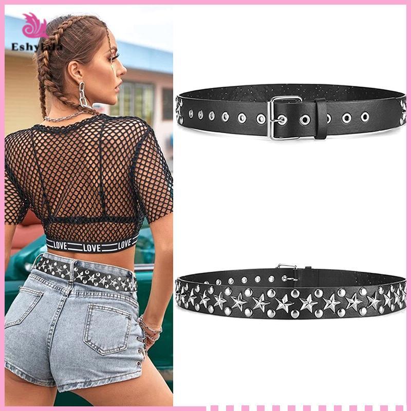 Eshylala Rivet Hollow Bullet Punk Belt - Thắt lưng da đính đá Gothic có thể điều chỉnh dành cho nữ [