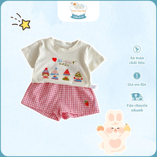  Đồ Bé Gái Cao Cấp 1-3 Tuổi Áo Thun Trắng in Hình Ngộ Nghĩnh + Quần Short Caro Hồng Chất Liệu Cotton Mềm 