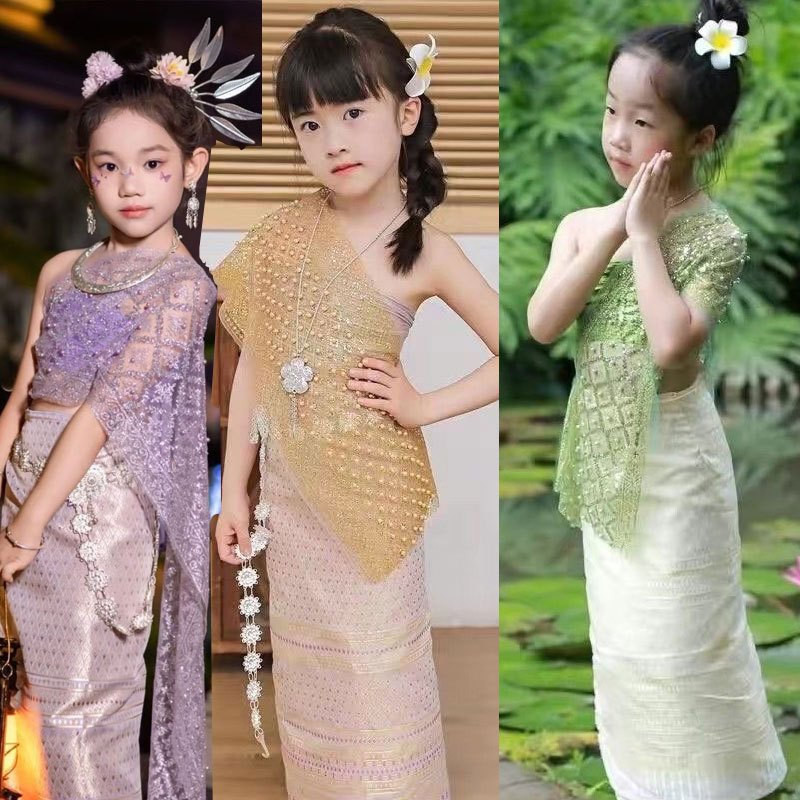 [COD] Trang phục bé gái Thái Lan dành cho trẻ em Áo + Váy Trang phục lễ hội Đại Váy dài Sợi mạ vàng 