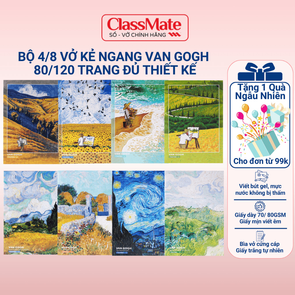 Combo 4/8 Vở Kẻ Ngang Van Gogh 70GSM ClassMate Vở 80 Trang Vở 120 Trang Vở Học Sinh Cấp2 Kẻ Ngang Dù