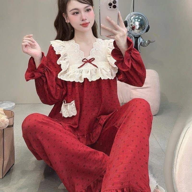 Sammy Bộ Mặc Nhà Cổ V Viền ren bản to chất liệu Đũi Vân mây hoạ tiết xinh xắn dễ thương cho Nữ DD22 Sammy nhiều màu sắc | BigBuy360 - bigbuy360.vn
