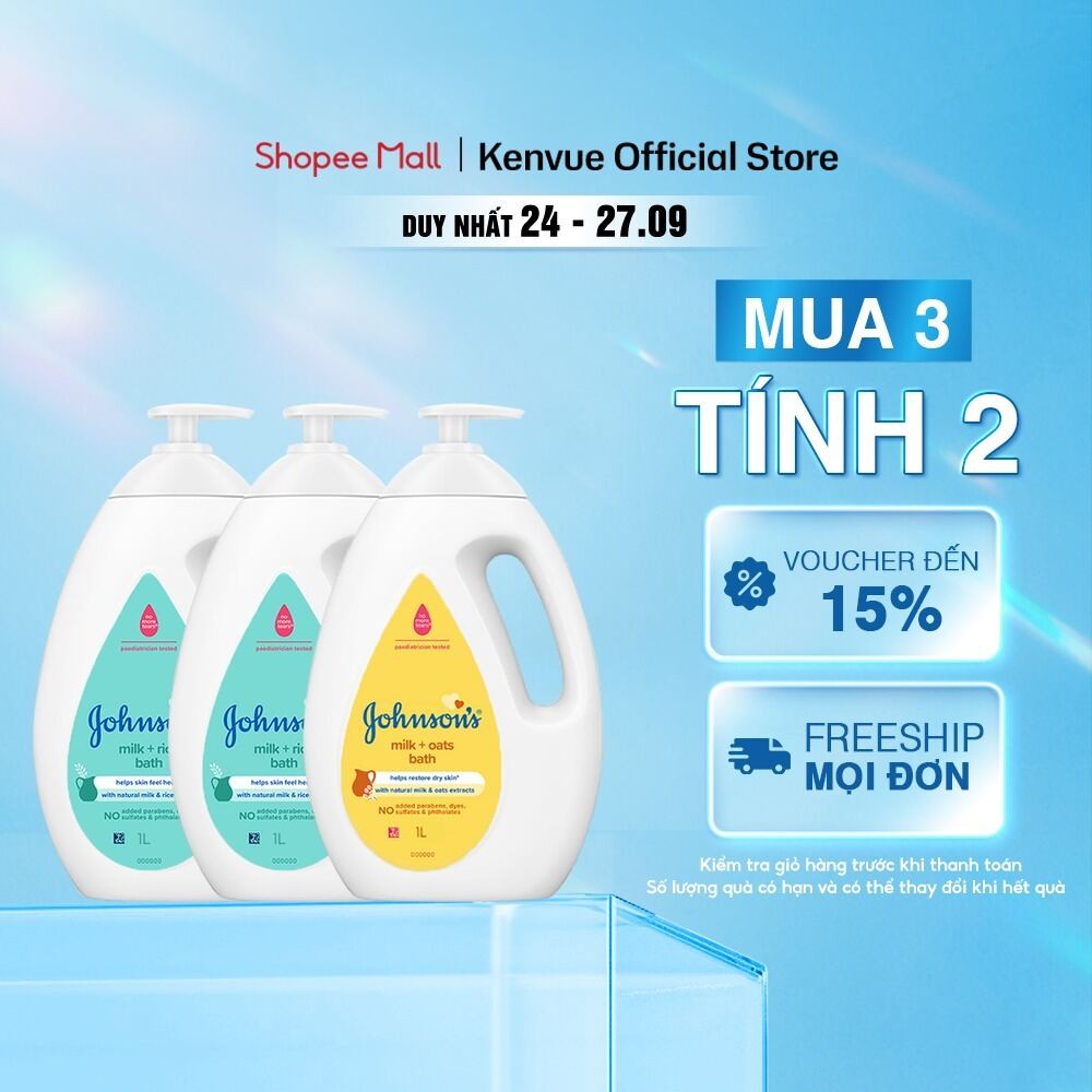 [MUA 3 TÍNH TIỀN 2] Combo 3 Sữa tắm Johnson's Baby Chứa Sữa & Gạo/Sữa Gạo & Yến Mạch/Sữa & Yến Mạch 1000ml/chai