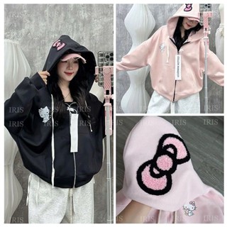  Áo Hoodie Nữ Form Rộng Ulzzang – Áo Sweater Nỉ Dài Tay Có Mũ Thêu Nơ In Hình Kitty Chất Nỉ Mềm 