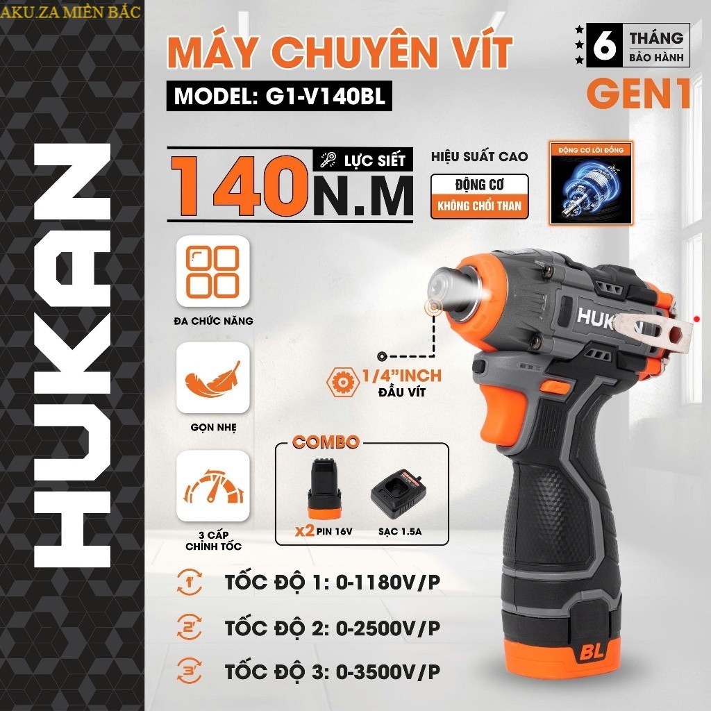 Chuyên vít có búa dùng pin HUKAN G1-V140BL , Lực siết 140Nm, 3 chỉnh tốc nhanh - Không chổi than AKU