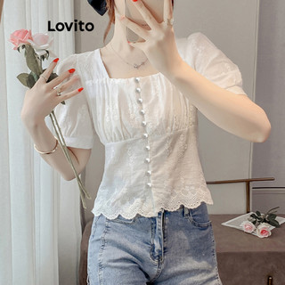 Lovito Áo sơ mi thanh lịch Áo thêu nút xếp li trơn dành cho nữ LNE40355