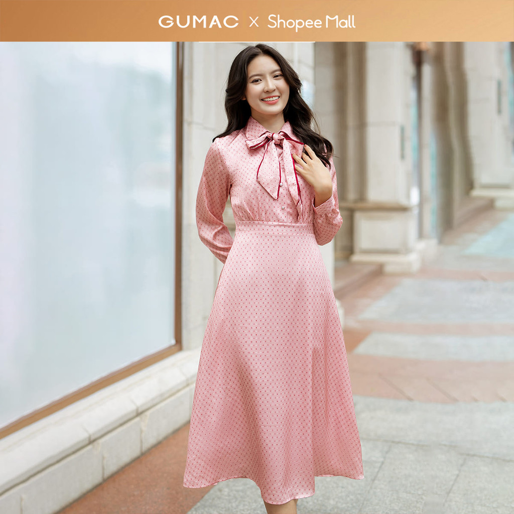 Đầm nữ GUMAC A tay dài cổ sơ mi phối dây nơ lụa mềm mát  DD06041