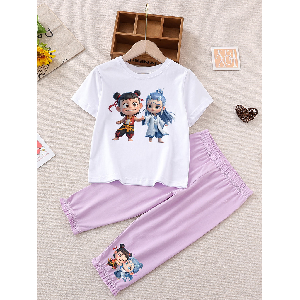 Bé Gái Nezha Ao Bing Bộ Đồ Mùa Hè Cho Bé Cotton Nguyên Chất Mỏng Tay Ngắn + Quần Crop Bộ 2 Món Trẻ E