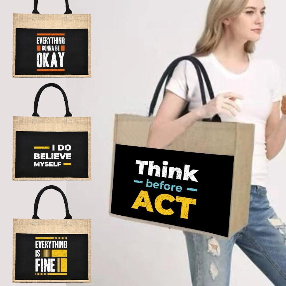 Jute Tote Bag Shopping Bag beg tangan komuter Women Handgrip Phrase Printing Series