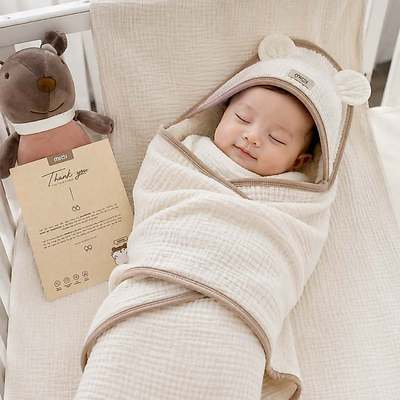 Khăn quấn bé sơ sinh ủ choàng có mũ che đầu Ualarogo nằm điều hòa vải cotton thấm hút đa năng