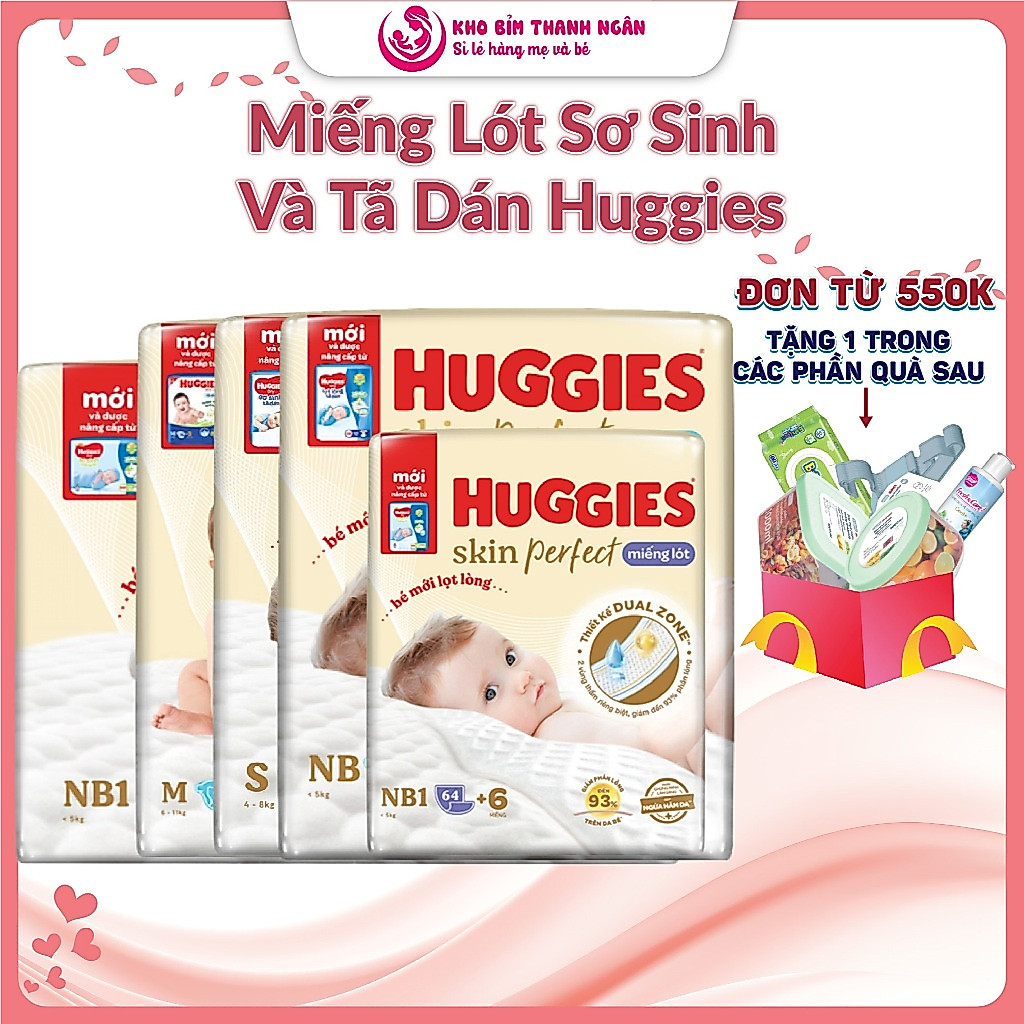Miếng Lót Sơ Sinh Huggies Skin Perfect NB1-108+6/NB1-64+4/NB2-60+4 - Tã Dán Sơ Sinh NB70+4 S80+2 - K