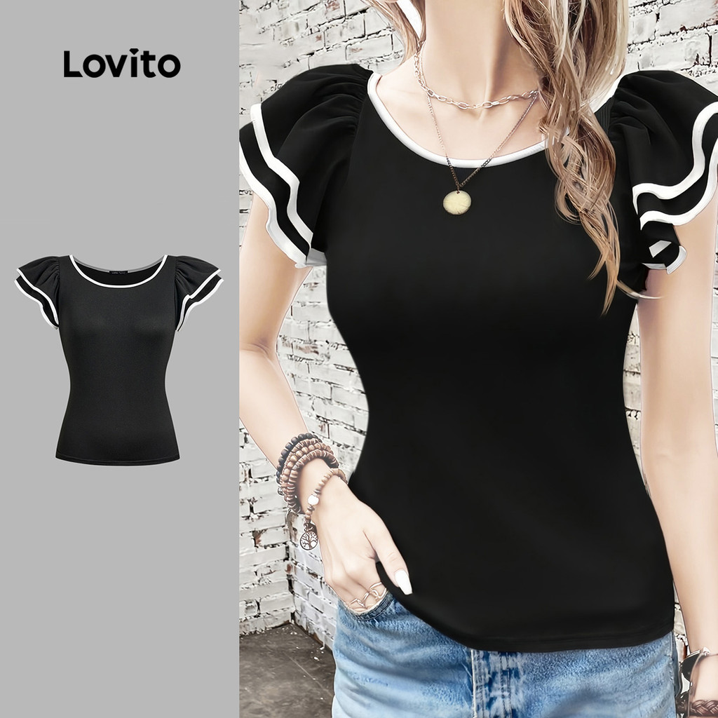 (New) Lovito Áo sơ mi nữ tay ngắn màu phối màu áo sơ mi đen thường ngày L150AD1021