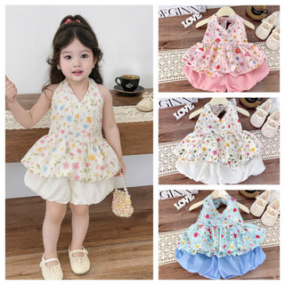  Set Áo Cổ Yếm Hoa Nhí 3 Màu Quần Bí Xinh Xắn Cho Bé Gái 8-20kg 