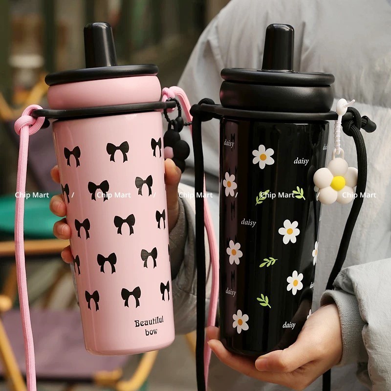 Ly giữ nhiệt Daisy Cao Cấp có lọc trà quai sách móc treo, bình giữ nhiệt Pinkcups 730ml giữ nhiệt 6 