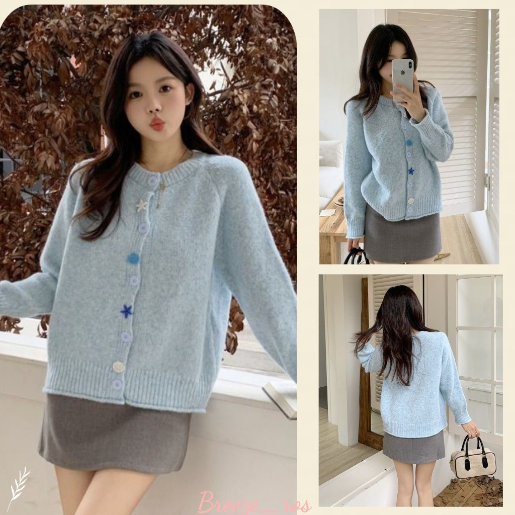 Breeze_ros Áo Khoác Cardigan Len Màu Xanh Cỡ Lớn Thời Trang Thu Đông Mới, Cài Nút Kiểu Vỏ Sò, Áo Kho