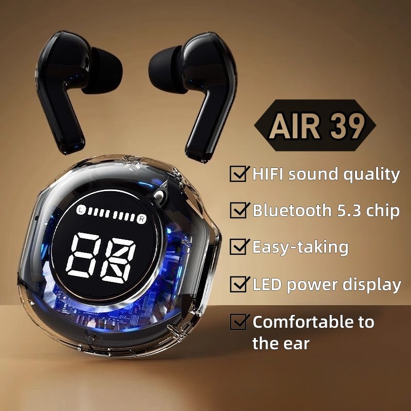 Tai nghe nhét tai Bluetooth 5.3 không dây Air39, thiết kế vỏ trong suốt, màn hình kỹ thuật số thông minh, gọi thoại độ phân giải cao, điều khiển cảm ứng