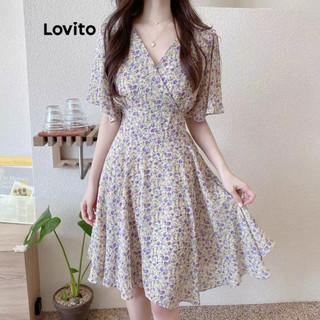Lovito Váy thường ngày Váy ngắn tay cổ chữ V có dây kéo hoa dành cho nữ LNA06126 (Tím)