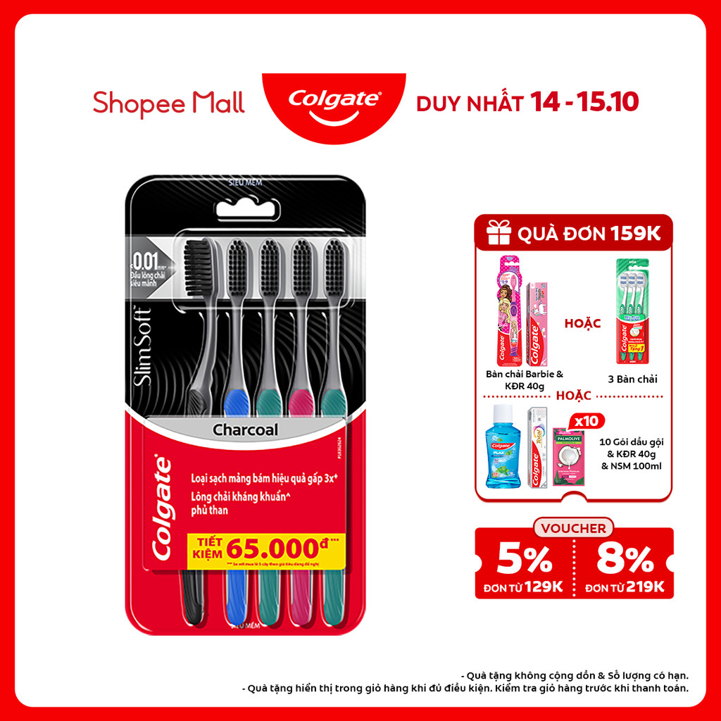 Bộ 5 Bàn chải Colgate SlimSoft Charcoal than hoạt tính kháng khuẩn siêu mềm mảnh
