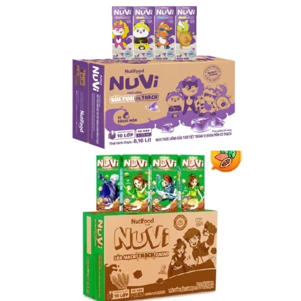 🧃Thùng Sữa Thạch Nuvi Lúa Mạch Cacao, Khoai Môn (48 Hộp) 180ml Chính Hãng