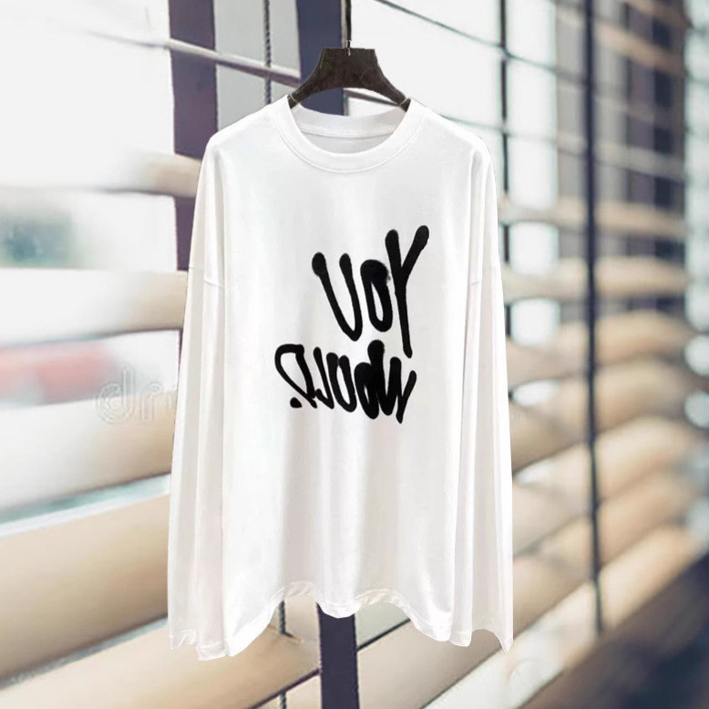 AC Spring new style white inner layer with large letter print, loose long sleeves T Shirt